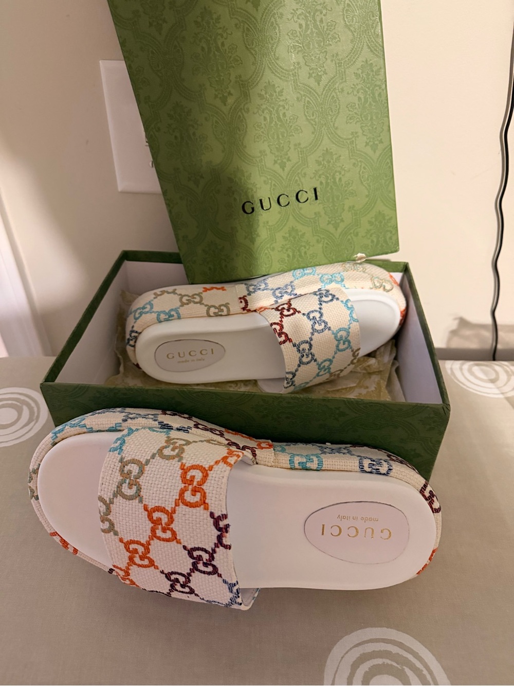 Gucci White Multicolor GG Canvas Slide Sandals